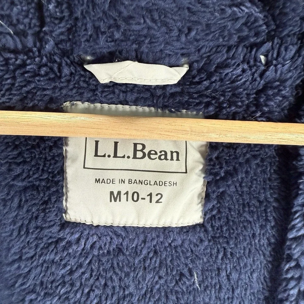 LL Bean Jacket Kids Downtek Medium 10-12 Blue Colorblock Hooded Puffer